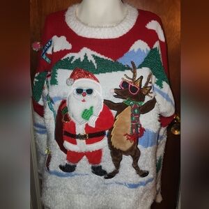 Festive Santa and Reindeer Sweater - Red and White